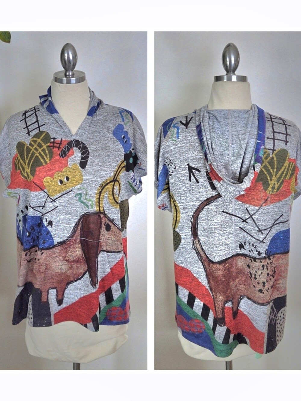 Inoah Hooded Shirt Tunic Cap Sleeve Pockets Dog Print Colorful EUC Stretch Fun